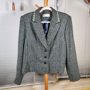 Travis Ayers $100 Size 18 Blue‎ White Yellow Teal Classic Tweed Button Up Blazer